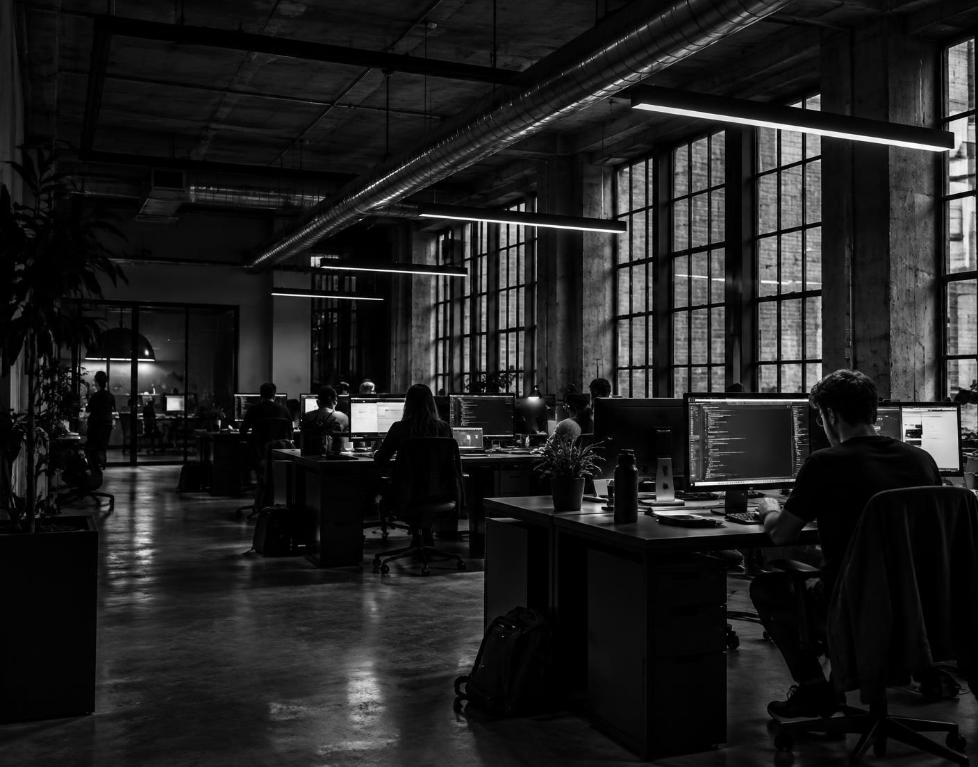 Silicon Valley style tech office with rows of developers at work