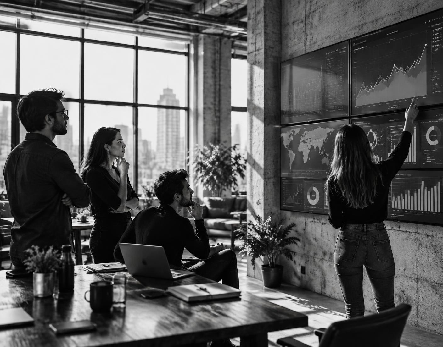 Startup team reviewing growth metrics in a loft office